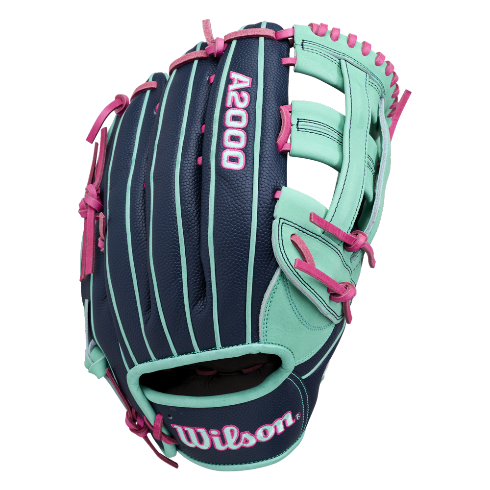 The Wilson A2000 1750SS 12.5″ Baseball Glove (WBG05901RT125) by Wilson is an outfield glove in blue and teal with pink accents and laces, displayed upright with the palm side facing away; it features a Flex Insert for improved comfort and control.