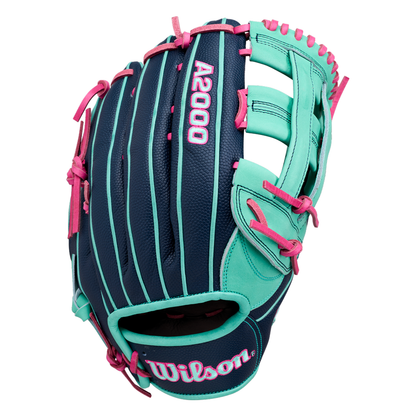 The Wilson A2000 1750SS 12.5″ Baseball Glove (WBG05901RT125) by Wilson is an outfield glove in blue and teal with pink accents and laces, displayed upright with the palm side facing away; it features a Flex Insert for improved comfort and control.