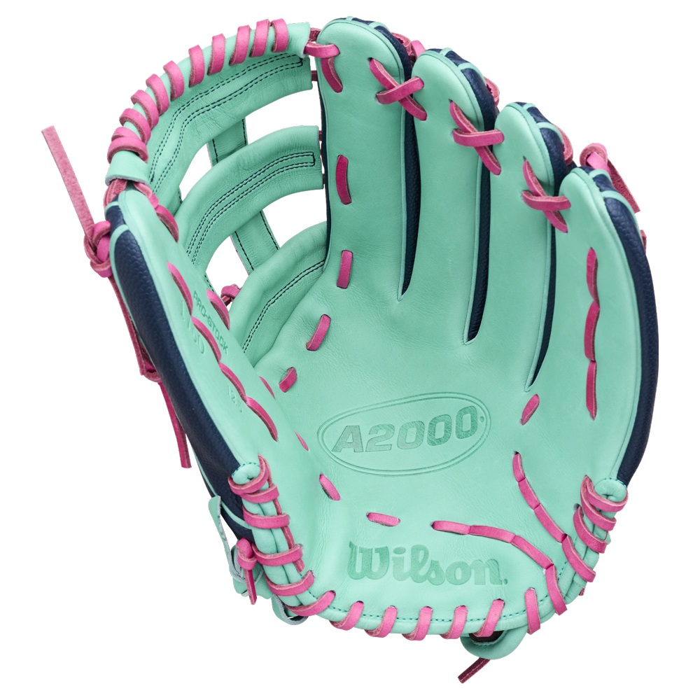 A mint green Wilson A2000 1750SS 12.5″ Baseball Glove (WBG05901RT125) featuring pink laces and blue accents, open and facing upward—ideal as an outfield glove with a dependable Flex Insert for enhanced performance.