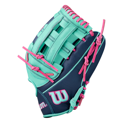 The Wilson A2000 1750SS 12.5″ Baseball Glove (WBG05901RT125) features a striking teal and navy blue design with pink lacing and accents, highlighted by a prominent W logo on the side. This Wilson glove includes a Flex Insert for enhanced comfort and optimal performance in every play.