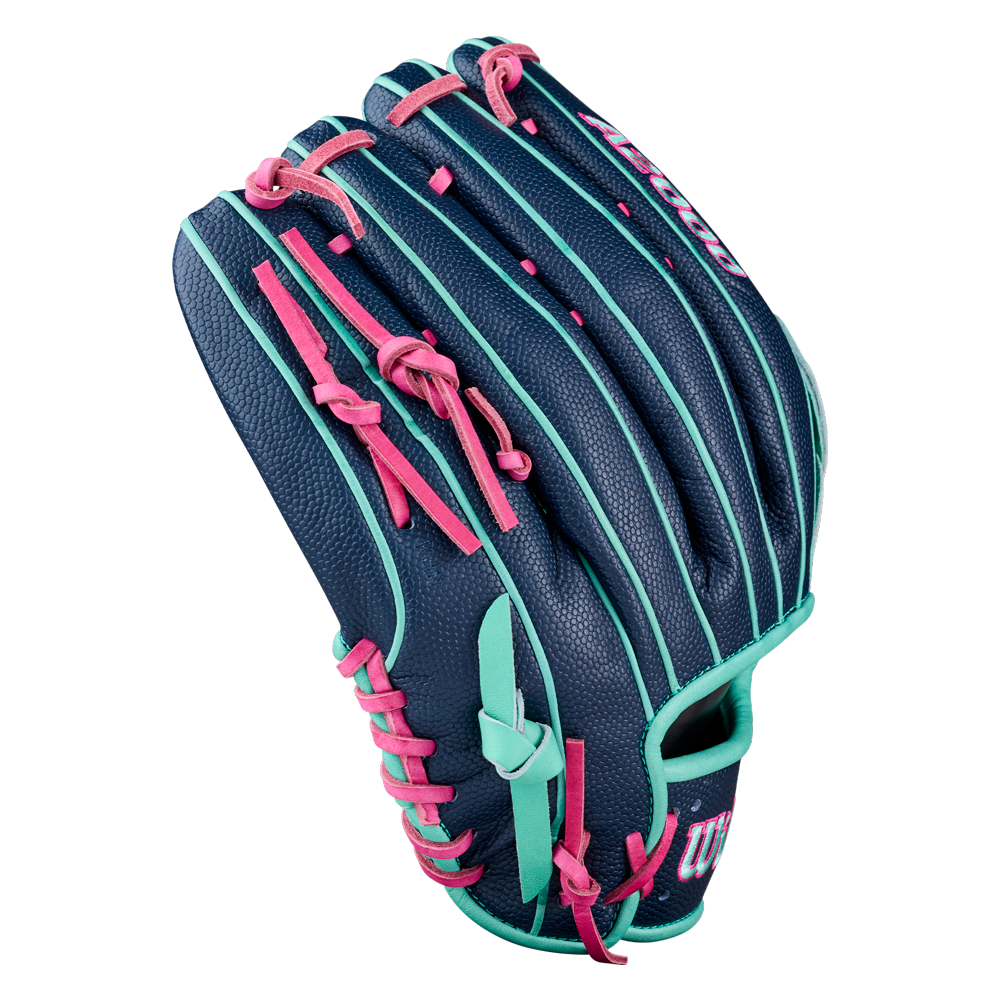 A Wilson A2000 1750SS 12.5″ Baseball Glove (WBG05901RT125) in dark blue with teal trim and pink laces is pictured closed, palm side away. This Wilson glove features a Flex Insert, delivering enhanced pocket stability and top-performing fielding capability.