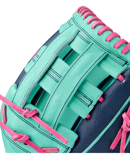 Close-up of an outfield baseball glove in teal with pink laces and navy accents, showing detailed stitching, texture, and the webbing between the thumb and fingers. This A2000 1750 glove features a Flex Insert for enhanced control and flexibility.