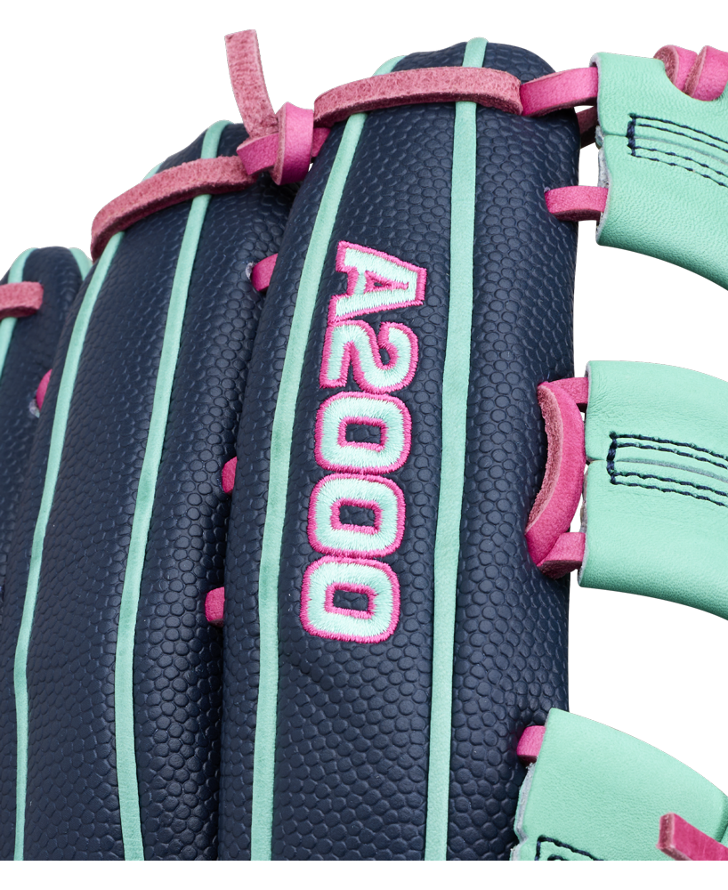 Close-up of the Wilson A2000 1750SS 12.5″ Baseball Glove (WBG05901RT125) in dark blue, featuring pink and teal stitching. The glove displays “A2000” embroidered in white and pink, and includes a Flex Insert for added comfort and support.