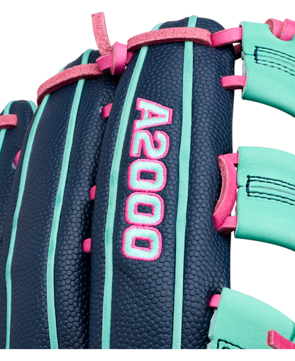 Close-up of the Wilson A2000 1750SS 12.5″ Baseball Glove (WBG05901RT125) in dark blue, featuring pink and teal stitching. The glove displays “A2000” embroidered in white and pink, and includes a Flex Insert for added comfort and support.