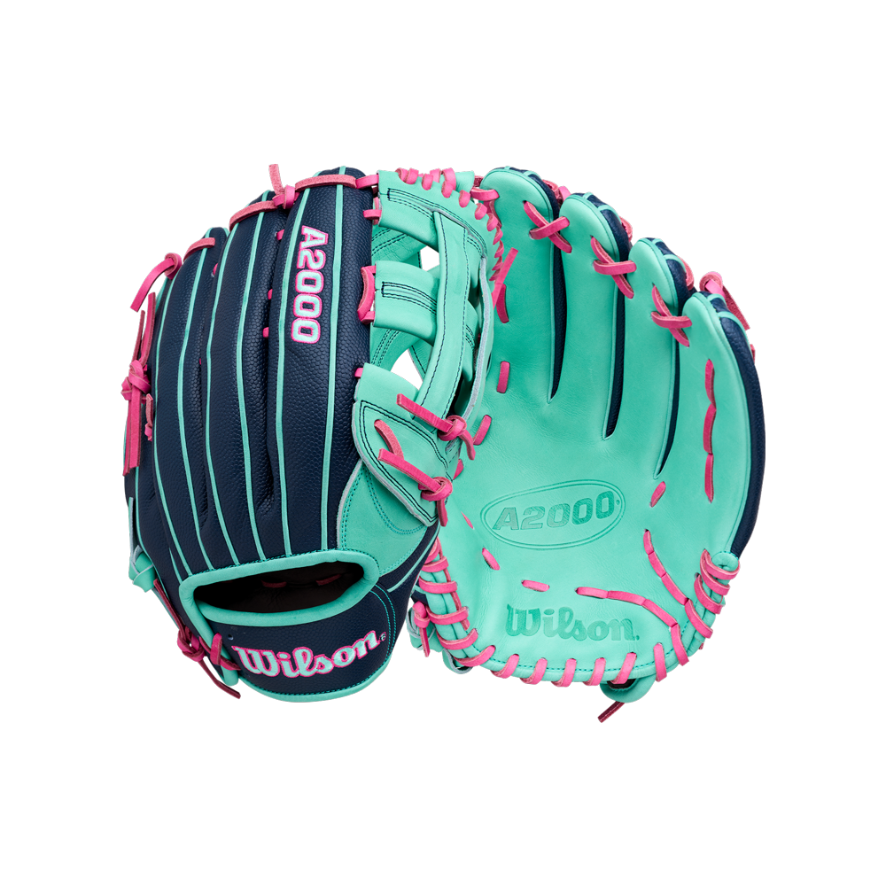 Two turquoise and navy Wilson A2000 1750SS 12.5″ Baseball Gloves (WBG05901RT125) with pink laces are displayed—one highlighting the palm side and the other the back, both featuring embroidered Wilson branding. Designed for outfielders, these gloves incorporate Flex Insert technology to enhance flexibility and control.
