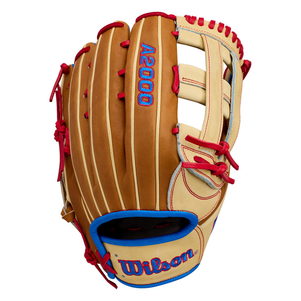 A tan and cream Wilson A2000 1777 12.75″ Baseball Glove (WBG06001RT1275), featuring durable Pro Stock leather, red laces, and blue accents, is displayed upright with the Wilson brand name visible near the wrist.