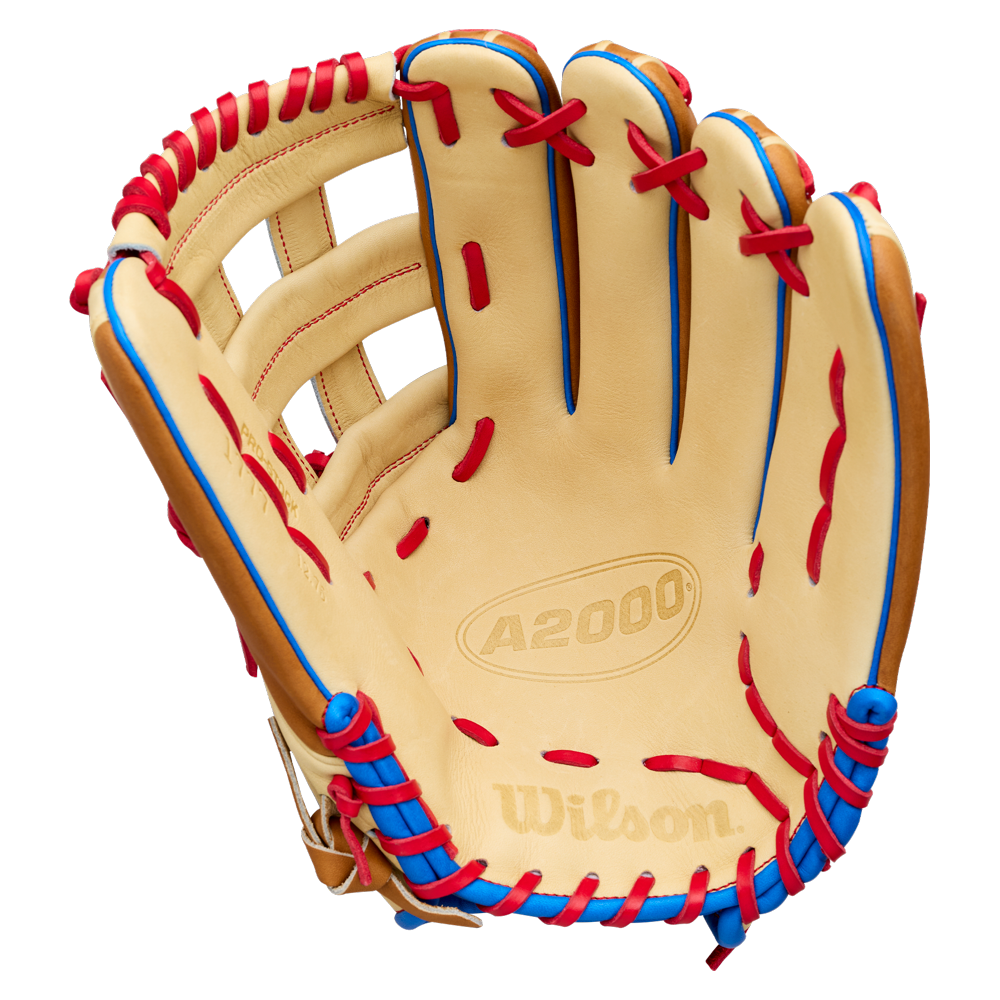 A Wilson A2000 1777 12.75″ Baseball Glove (WBG06001RT1275) in tan, featuring red and blue lacing, is displayed open to reveal its interior details, prominent Wilson branding, and premium Pro Stock leather construction.