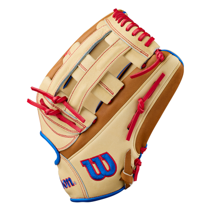Showcased against a white background, the Wilson A2000 1777 12.75″ Baseball Glove (WBG06001RT1275) by Wilson features a tan and brown Pro Stock leather construction, accented with red laces, blue trim, and a distinctive blue W logo on the side.