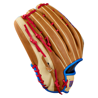 A Wilson A2000 1777 12.75″ Baseball Glove (WBG06001RT1275) by Wilson, featuring tan and beige Pro Stock leather with red laces and blue trim, is displayed from the back with the fingers together and the pocket not visible.