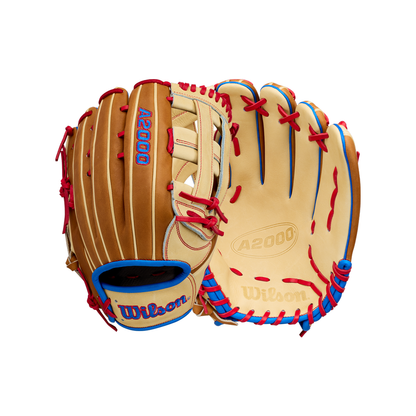 Two tan Wilson A2000 1777 12.75″ Baseball Gloves (WBG06001RT1275) made from Pro Stock leather with red laces and blue accents are displayed—one showing the front and one displaying the palm side—making them an ideal outfield glove for serious players.