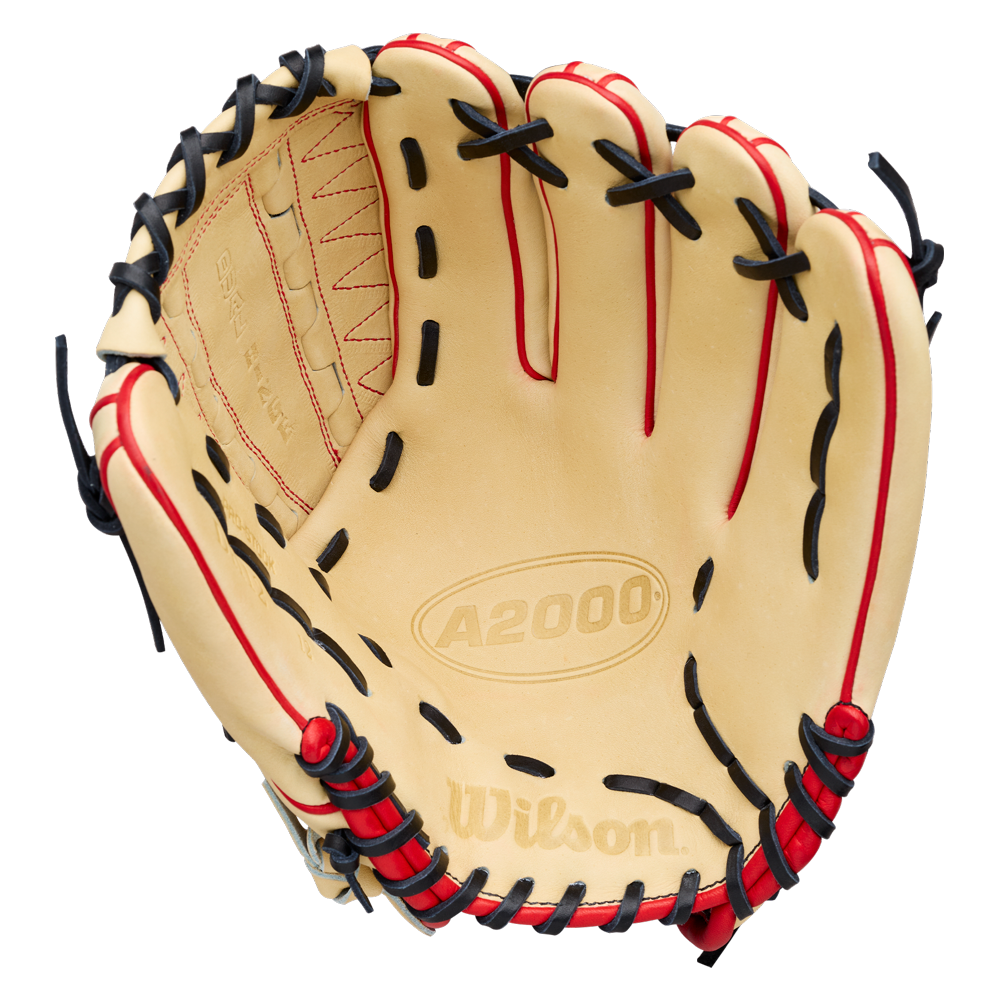 A Wilson A2000 DH12 12″ Baseball Glove (WBG06101RT12) by Wilson, featuring a tan Pro Stock leather construction with black and red lacing, is displayed open to reveal the palm and Dual Hinge Web.
