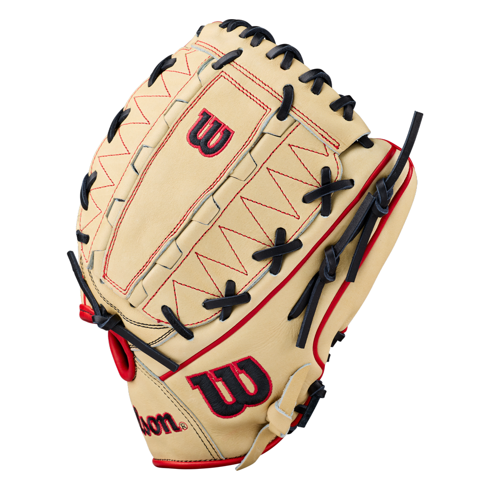 The Wilson A2000 DH12 12″ Baseball Glove (WBG06101RT12) features a tan Pro Stock leather construction with black laces and red stitching, showcasing the Wilson logo in red and black on the back. Designed for pitchers, this glove offers exceptional durability and a premium feel for serious players.