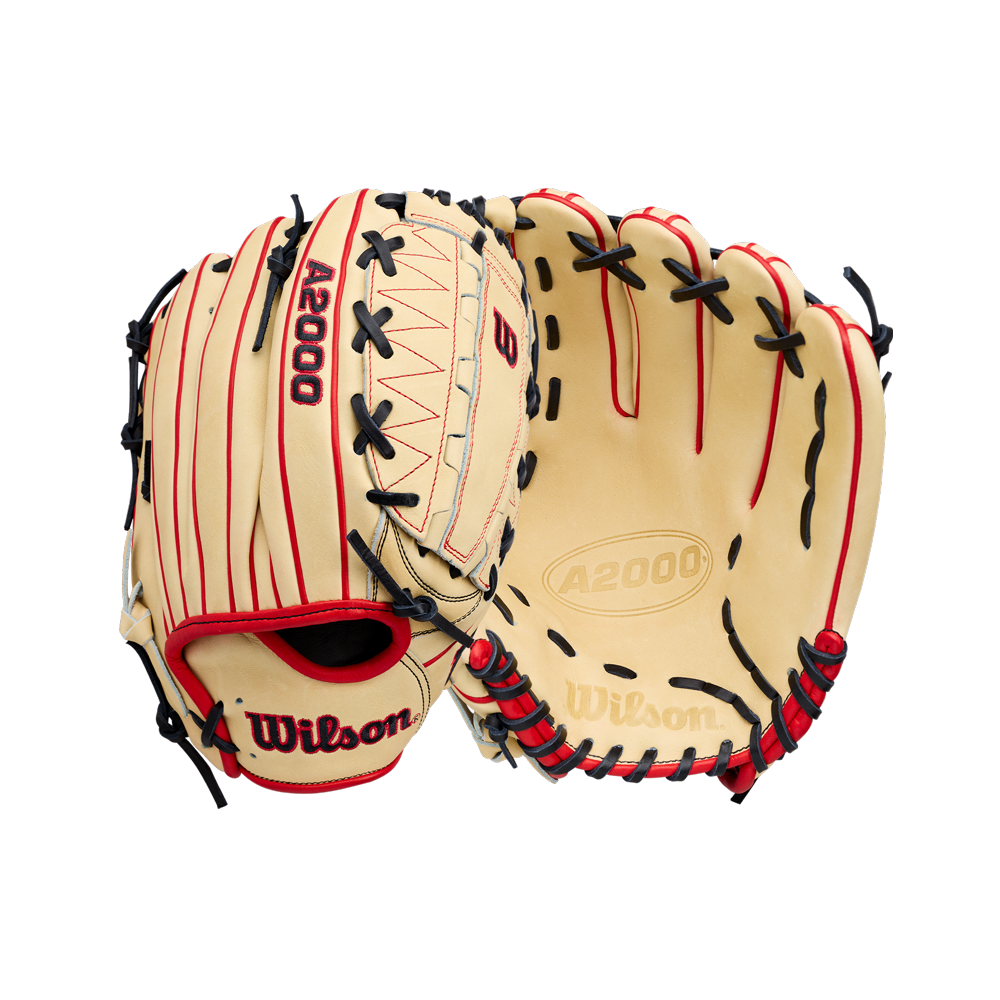 A pair of Wilson A2000 DH12 12″ Baseball Gloves (WBG06101RT12) in tan Pro Stock leather, accented with red and black laces—one displayed palm-up and the other showing the back with visible stitching, Wilson branding, and a Dual Hinge Web design—makes an ideal choice for pitchers.