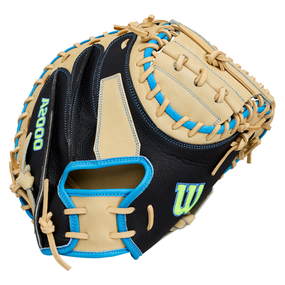 Introducing the Wilson A2000 M23SS 33.5″ Baseball Catcher’s Mitt (WBG06201RT335), a premium catcher’s mitt from Wilson. Crafted from tan leather with black accents and bold blue lacing, this ultra-light glove features the iconic “A2000” text and W logo embroidered on it, delivering top-tier performance and standout style behind the plate.