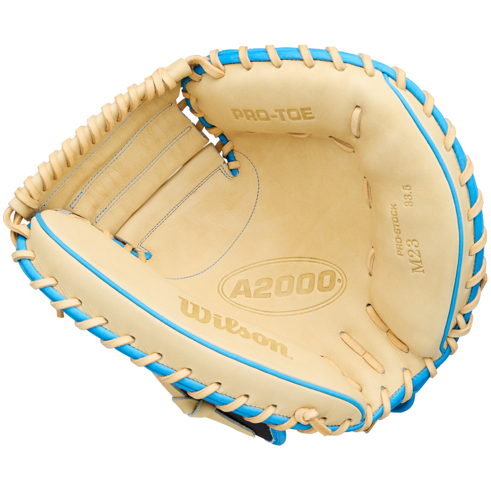 The Wilson A2000 M23SS 33.5″ Baseball Catcher’s Mitt (WBG06201RT335) by Wilson features a tan design with blue laces and PRO-TOE and PRO STOCK text visible on the inside palm; this ultra-light glove delivers exceptional performance for serious players.