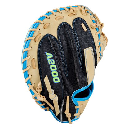 The Wilson A2000 M23SS 33.5″ Baseball Catcher’s Mitt (WBG06201RT335) features tan leather, black mesh accents, blue stitching, and “A2000” on the palm area. Expertly crafted by Wilson as an ultra-light catcher’s glove, it’s designed for effortless pitch-framing behind the plate.