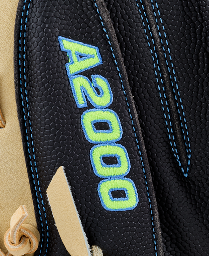 Close-up of the Wilson A2000 M23SS 33.5″ Baseball Catcher’s Mitt by Wilson, featuring a black textured design with blue stitching and “A2000” embroidered in blue, yellow, and green on the side. Tan leather laces accent the mitt, emphasizing its pitch-framing capabilities.