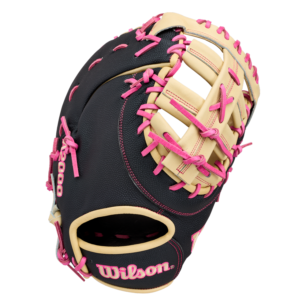 The Wilson A2000 1673SS 13″ Baseball First Base Mitt (WBG06301RT13) features a striking black and tan design accented with pink laces and stitching, and displays the signature Wilson logo near the wrist opening for an eye-catching look combined with premium performance.