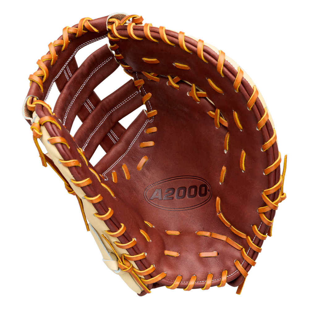 A 13 inch brown leather baseball catcher’s mitt crafted from premium Pro Stock leather with yellow lacing and A2000 stamped on the pocket, shown open and facing the viewer.