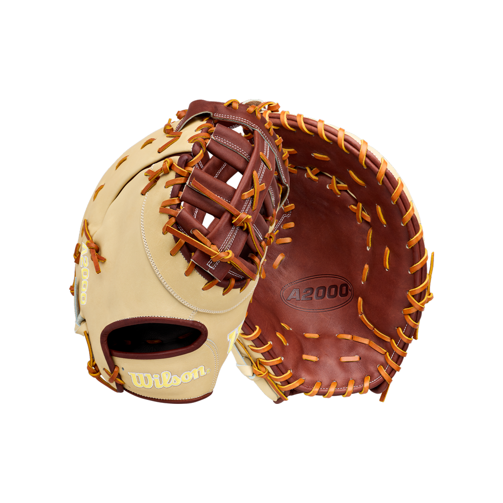 A tan and brown Wilson A2000 1673 13″ Baseball First Base Mitt (WBG06401RT13) is shown from the front and back, featuring yellow laces and the Wilson logo.