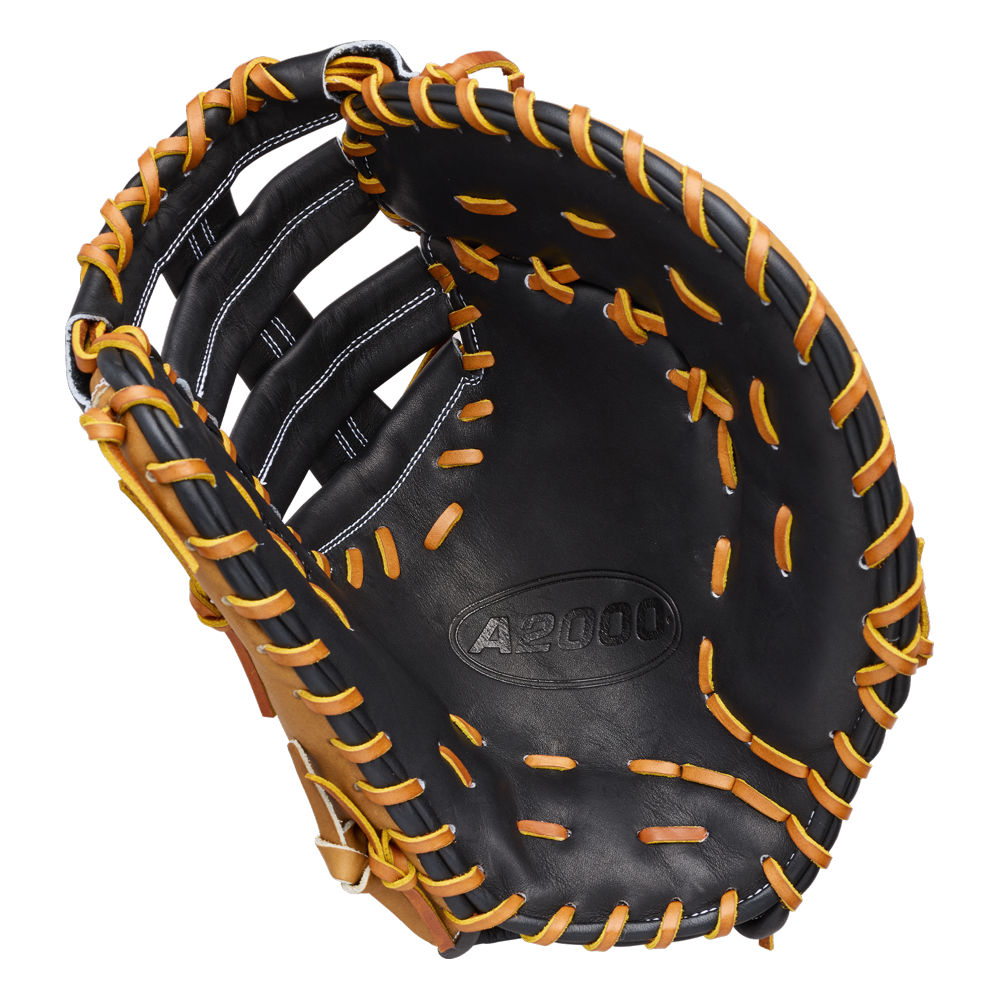A Wilson A2000 1677 12.5″ First Base Mitt (model WBG06501RT125) in black and brown Pro Stock leather with tan laces, open and palm facing upward.