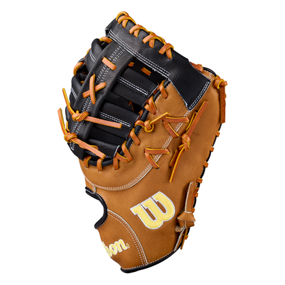 Here’s a rewritten sentence using the provided product data: The Wilson A2000 1677 12.5″ Baseball First Base Mitt: WBG06501RT125 features a brown leather design with black and tan laces, the iconic Wilson logo on the thumb, and a deep web pocket, all crafted from premium Pro Stock leather in the classic A2000 1677 style.