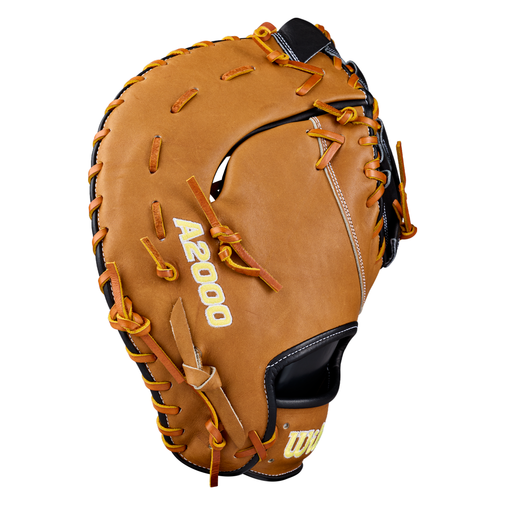 A Wilson A2000 1677 12.5″ Pro Stock leather baseball first base mitt featuring yellow “A2000 1677” embroidery on the side and brown laces along the edges.