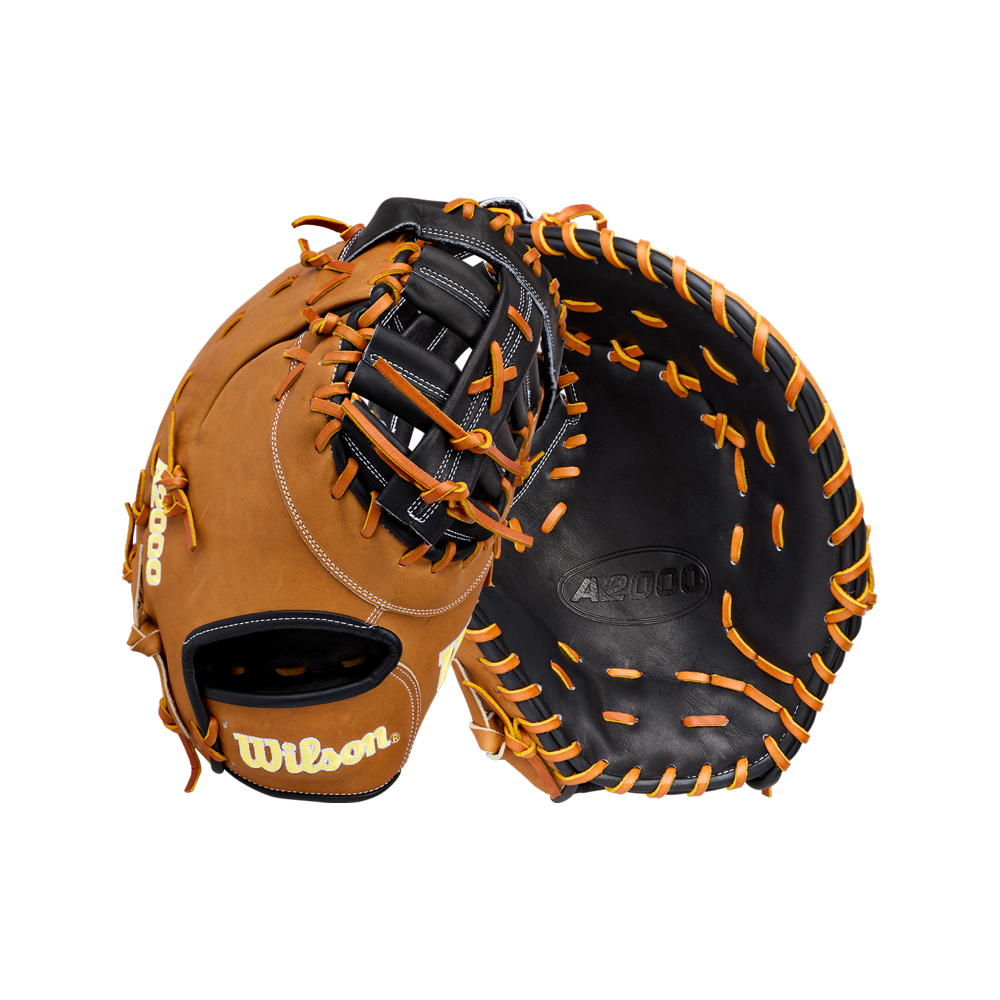 Two Wilson A2000 1677 12.5″ First Base Mitts (WBG06501RT125) in brown and black with orange laces are shown from front and back, highlighting stitched Wilson logos, reinforced webbing, and premium Pro Stock leather construction—a standout first base glove engineered by Wilson for exceptional durability and performance.
