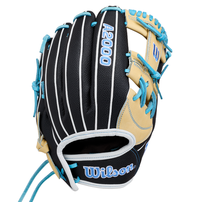 The Wilson A2000 FP1175SS 11.75″ Fastpitch Glove (WBG06601RT1175) by Wilson is an infield softball glove crafted from black leather with white stripes, tan accents, and blue laces. Displayed from the back, it highlights visible brand logos and detailed stitching. This premium 11.75″ glove combines exceptional craftsmanship with stylish design for serious fastpitch players seeking top performance on the field.