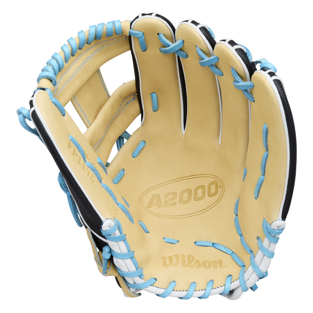 A Wilson A2000 FP1175SS 11.75″ Fastpitch Glove (WBG06601RT1175) by Wilson is shown open, revealing the palm side and prominently featuring the Wilson logo inside. This tan glove, highlighted with blue and white laces, blends premium craftsmanship with eye-catching style—ideal for dedicated softball players seeking top performance on the field.