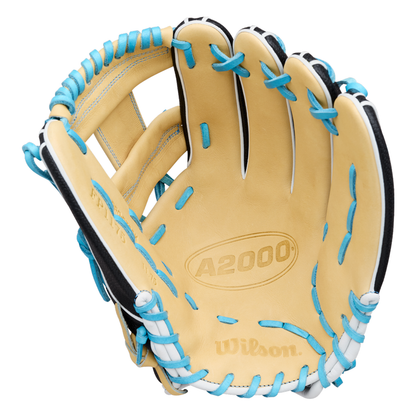 A Wilson A2000 FP1175SS 11.75″ Fastpitch Glove (WBG06601RT1175) by Wilson is shown open, revealing the palm side and prominently featuring the Wilson logo inside. This tan glove, highlighted with blue and white laces, blends premium craftsmanship with eye-catching style—ideal for dedicated softball players seeking top performance on the field.