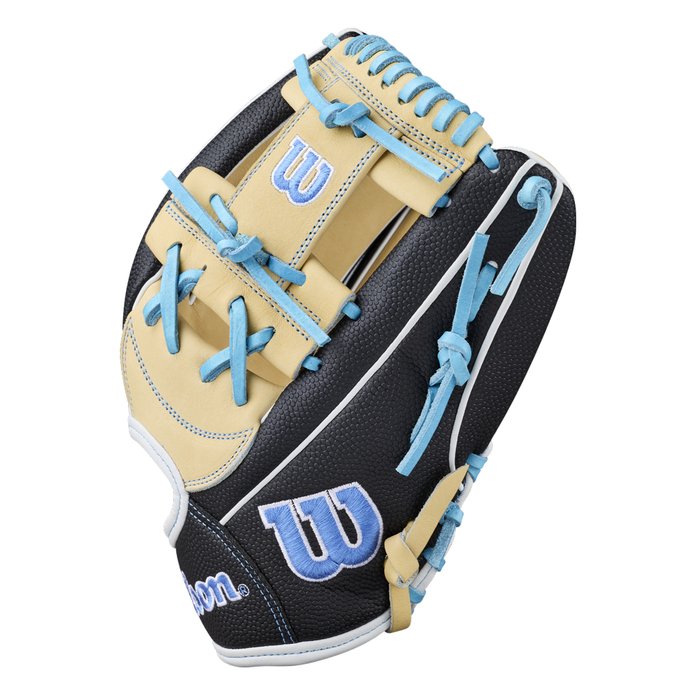 The Wilson A2000 FP1175SS 11.75″ Fastpitch Glove (WBG06601RT1175) features a striking black and tan design with blue laces, white stitching, and the signature W logo on the side. Engineered by Wilson for fastpitch infield play, this 11.75” softball glove delivers outstanding durability and style for serious players.