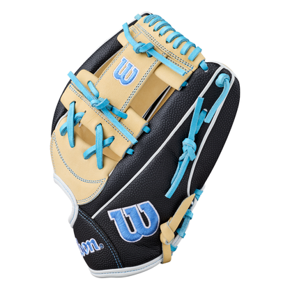 The Wilson A2000 FP1175SS 11.75″ Fastpitch Glove (WBG06601RT1175) features a striking black and tan design with blue laces, white stitching, and the signature W logo on the side. Engineered by Wilson for fastpitch infield play, this 11.75” softball glove delivers outstanding durability and style for serious players.