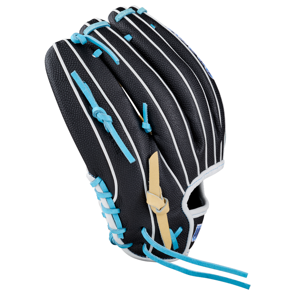 The Wilson A2000 FP1175SS 11.75″ Fastpitch Glove (WBG06601RT1175) by Wilson is a black infield softball glove with white stripes and blue laces, viewed closed from the back. It also features tan lacing near the thumb and a black textured surface.