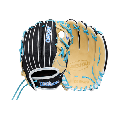 Two Wilson A2000 FP1175SS 11.75″ Fastpitch Gloves (model WBG06601RT1175) by Wilson are displayed, one with the palm side visible and the other showing the back. These tan and black gloves feature blue laces, white accents, and are designed as ideal fastpitch infield softball gloves.