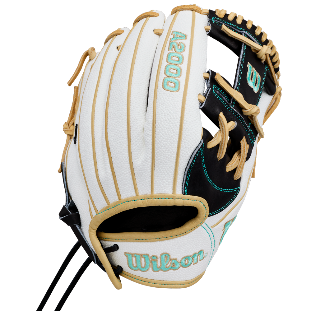 A Wilson A2000 H12SS 12″ Fastpitch Glove (WBG06701RT12) by Wilson, featuring a white and tan design with teal accents and black lacing, is photographed against a white background.