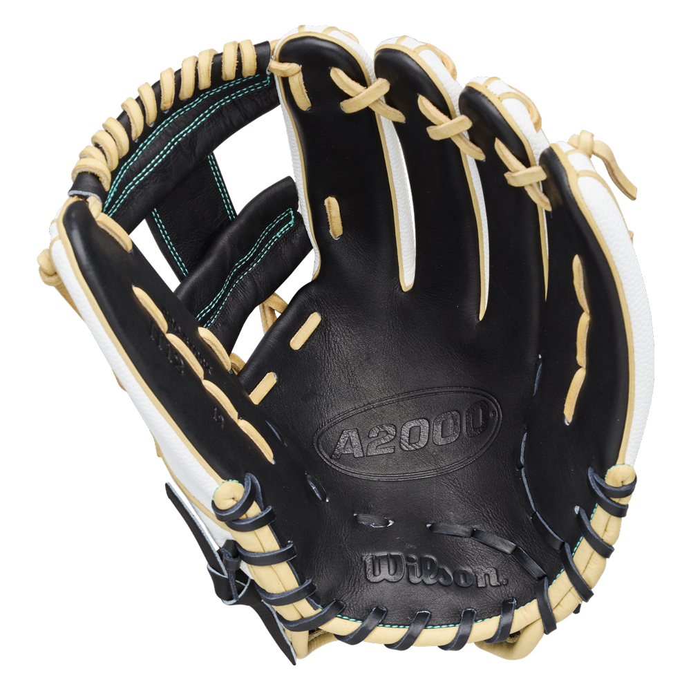 A black and tan Wilson A2000 H12SS 12″ Fastpitch Glove (WBG06701RT12) with white lacing, shown open with visible stitching and Wilson branding on the palm.
