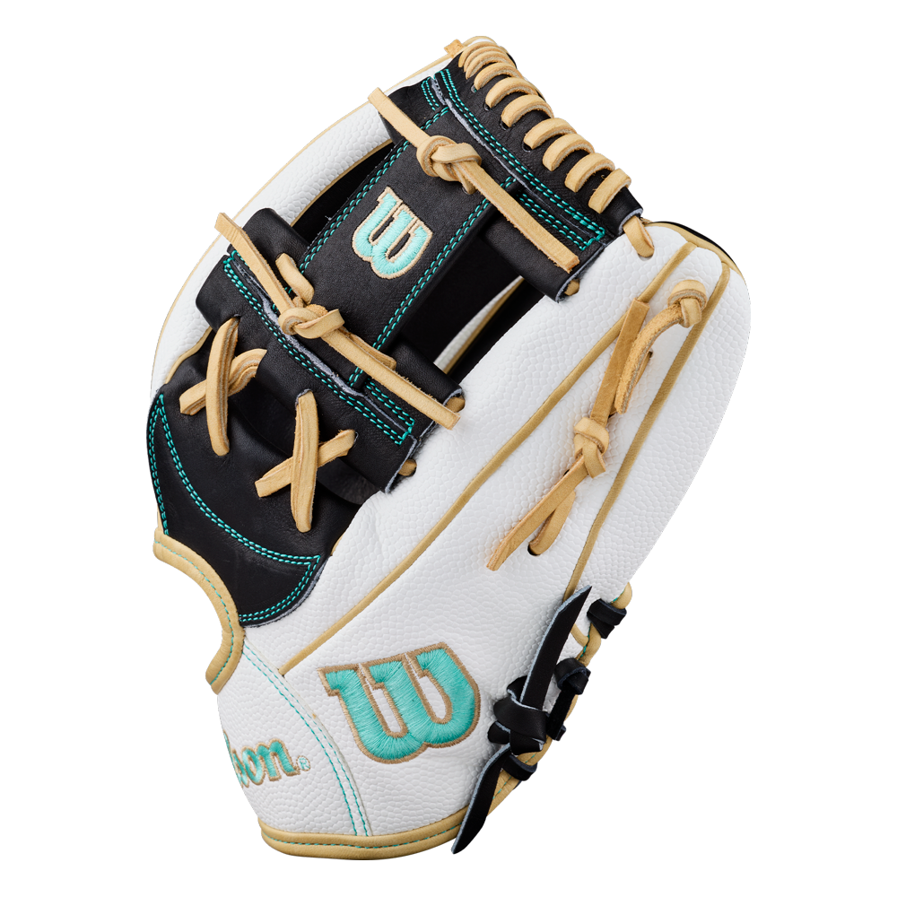 A Wilson A2000 H12SS 12″ Fastpitch Glove (WBG06701RT12) in a white, black, and tan color scheme with teal stitching and logo details is displayed against a plain white background.