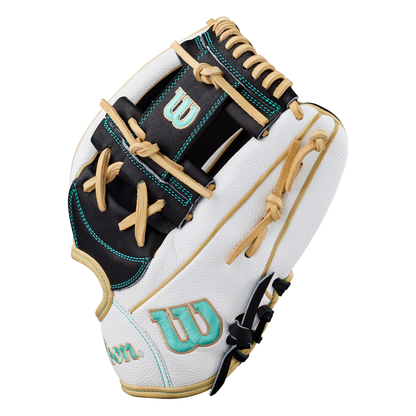 A Wilson A2000 H12SS 12″ Fastpitch Glove (WBG06701RT12) in a white, black, and tan color scheme with teal stitching and logo details is displayed against a plain white background.