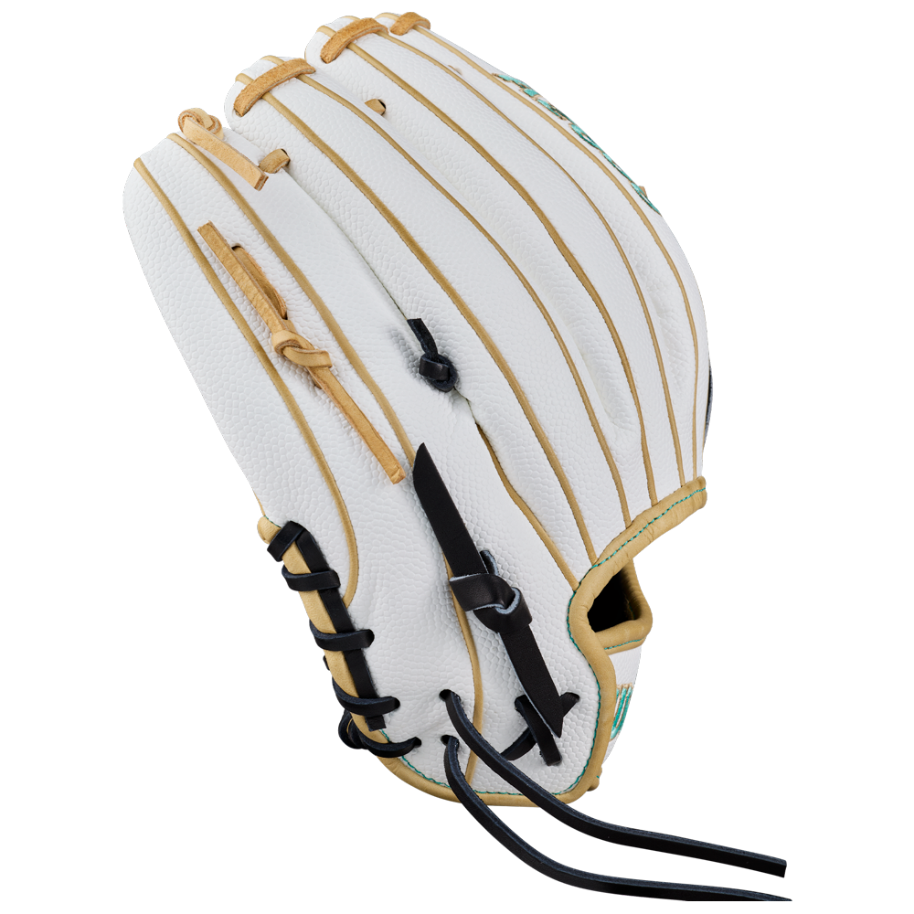 A white Wilson A2000 H12SS 12″ Fastpitch Glove (WBG06701RT12) featuring tan and black laces, gold vertical stripes, and textured leather detailing is displayed from a side angle.