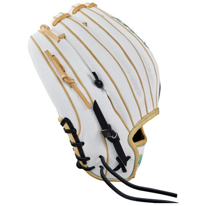 A white Wilson A2000 H12SS 12″ Fastpitch Glove (WBG06701RT12) featuring tan and black laces, gold vertical stripes, and textured leather detailing is displayed from a side angle.