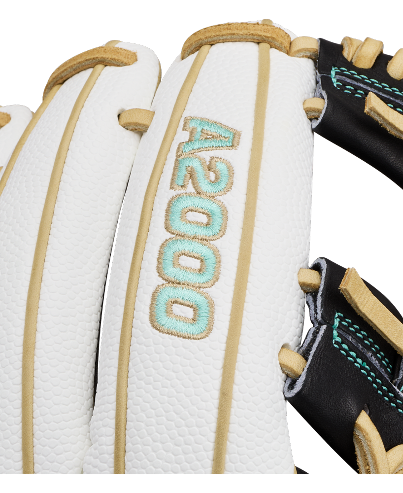 Close-up of a Wilson A2000 H12SS 12″ Fastpitch Glove (WBG06701RT12) in white leather with tan laces, black accents, teal stitching, and the A2000 logo embroidered in teal on one of the fingers.