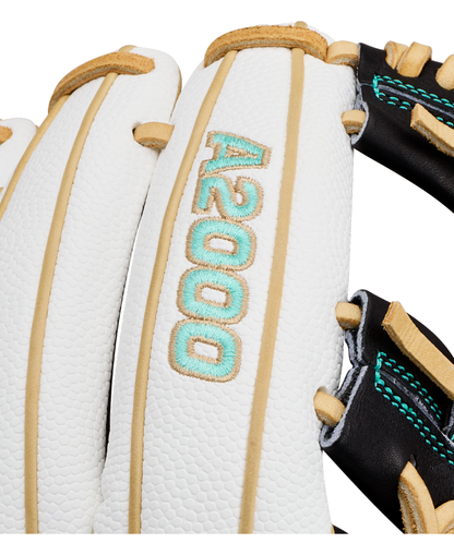 Close-up of a Wilson A2000 H12SS 12″ Fastpitch Glove (WBG06701RT12) in white leather with tan laces, black accents, teal stitching, and the A2000 logo embroidered in teal on one of the fingers.