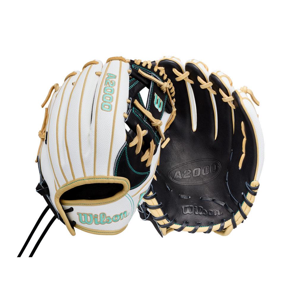 Two Wilson A2000 H12SS 12″ Fastpitch Gloves (WBG06701RT12) by Wilson are shown, one featuring the palm side and the other highlighting the back. Both gloves feature a primarily white and black design with tan laces and green accents, making them a popular option for players seeking a high-quality fastpitch or infield softball glove.