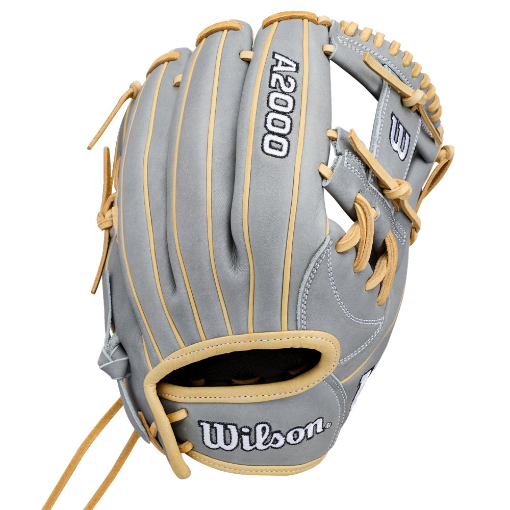 Introducing the Wilson A2000 H12 12″ Fastpitch Glove (WBG06801RT12) by Wilson—a gray and tan glove featuring tan laces and white-stitched Wilson branding on the thumb and pinky sides. Expertly crafted for serious infielders, this glove combines standout style with top-tier performance.