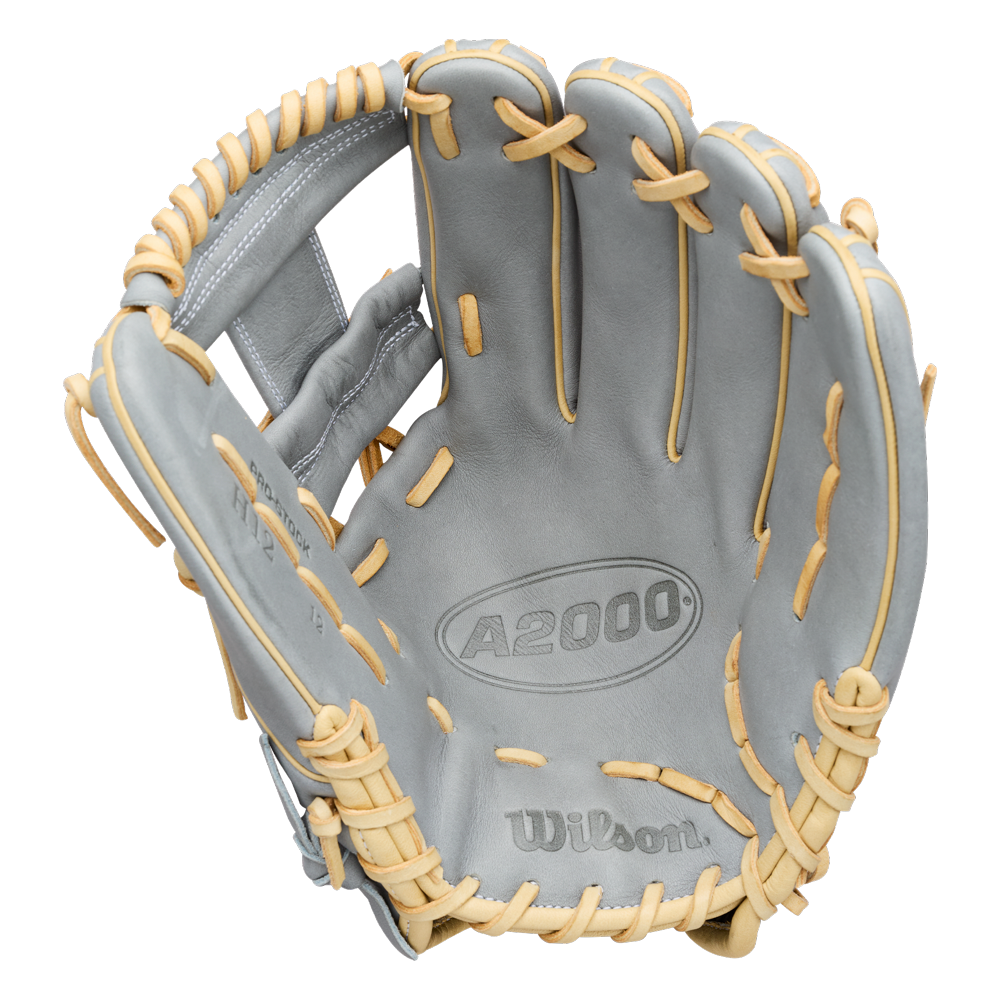 A Wilson A2000 H12 12″ Fastpitch Glove (WBG06801RT12) in gray with tan laces is pictured open, highlighting the inside palm and distinct Wilson branding.