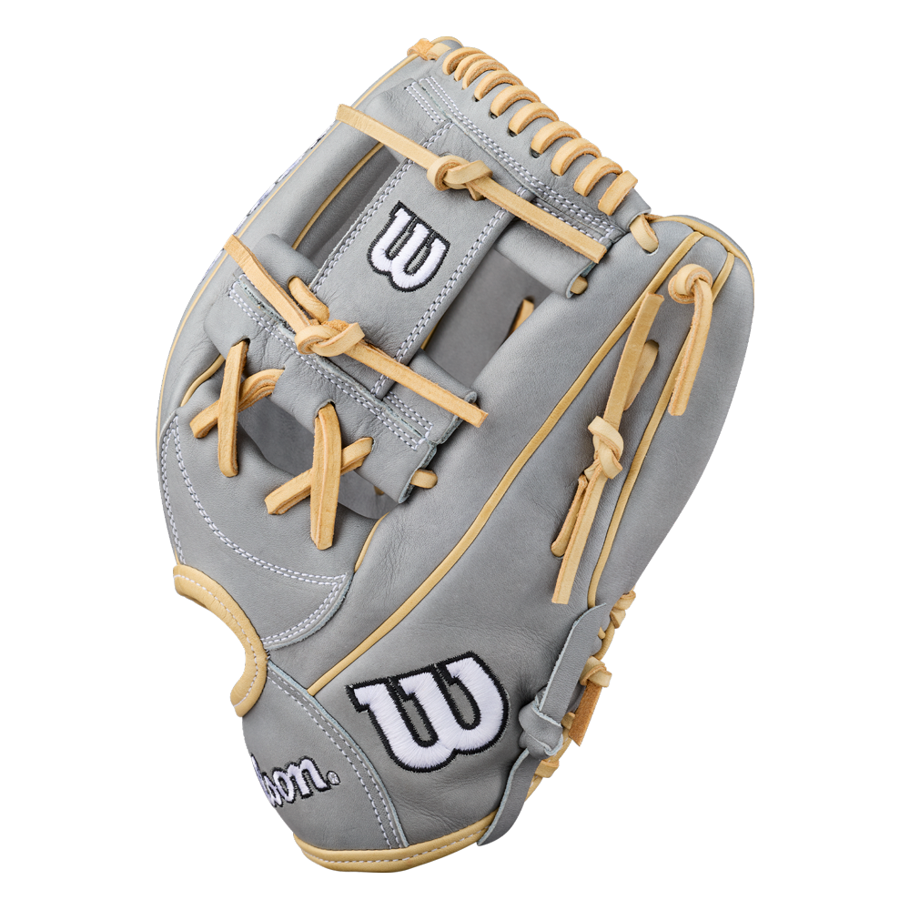 The Wilson A2000 H12 12″ Fastpitch Glove (WBG06801RT12) by Wilson is a gray and tan infield glove featuring cream laces and the signature Wilson W logo in white and black on the thumb and wrist strap, shown against a white background. Engineered for superior performance, this 12” glove is ideal for fastpitch infielders.