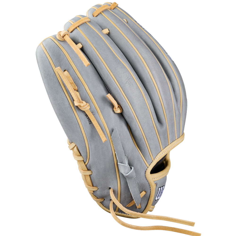 A Wilson A2000 H12 12″ Fastpitch Glove (WBG06801RT12) in gray with tan laces, shown from an angle highlighting the back and fingers; this premium infield glove combines standout style and performance for serious players.