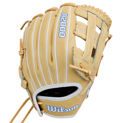 A Wilson A2000 FP1712 12″ Fastpitch Glove (WBG06901RT12) in tan, highlighted with white and blue accents, features the Flex System for enhanced comfort. The glove displays its intricate webbing, laces, and Wilson logos on the fingers and wrist area, set against a white background. Designed for serious fastpitch players who want both style and high-level performance.