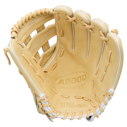 A tan Wilson A2000 FP1712 12″ Fastpitch Glove (WBG06901RT12) with white laces, shown open. This 12-inch fastpitch glove by Wilson is crafted from leather and features visible stitching and branding on the palm area, along with the Flex System for enhanced comfort and performance.